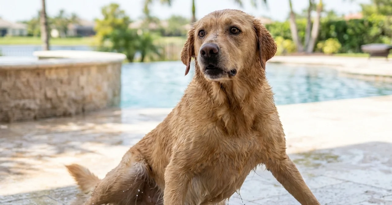 Dog on a wet pool deck kept safe by a non-slip surface
